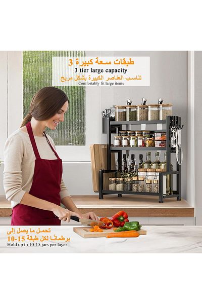 COOYA Spice Rack Shelf Kitchen Organizer 3-Tier, Large Metal Storage Countertop Shelf with Hooks