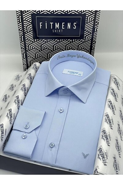 Fitmens Slim Fit Uzun Kol Ömür Boyu Yakandayım Nakışlı Hediye Kutulu Erkek Gömlek FS-001376 - Mavi