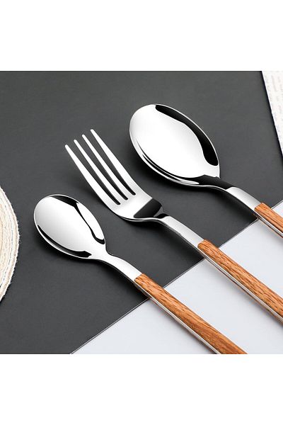 COOYA 16PCS Stainless Steel Flatware, Service for 4, with Simulated Wooden Handles