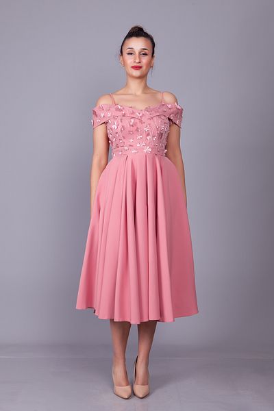 NO48 Dusty Rose Floral Λεπτομέρεια από τούλι με λουράκια ώμου Μίντι βραδινό φόρεμα με λαιμόκοψη