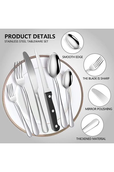 COOYA Silverware Set with Steak Knives, Stainless Steel Flatware,for Kitchen Home Eating