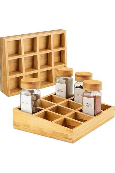 COOYA 3 Tier Bamboo Spice Rack Free Standing, Space Saving Seasoning Bottle Wooden Organizer (Horizontal)