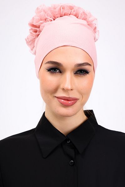 Loggia Ruffled Pink Seamless Combed Cotton Bonnet Women's Hijab Tie Inner Bonnet Powder