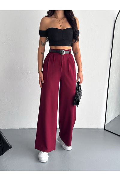 Winmoda34 Women's Belt Detail Wide Leg Wide Cut Baggy Fabric Pants