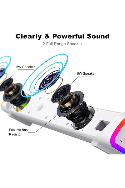 COOYA سماعات كمبيوتر، شريط صوت سلكي يعمل عبر USB وبلوتوث V5.3، أضواء RGB مع زر تبديل