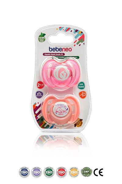 BEBENEO Covered Round Tip Silicone Pacifier Set of 2 No:2 (6-12 Months) Pink Cherry Tip False Nipple