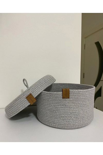 Sevdam Sepet Gray Medium Size Multi-Purpose Basket with Lid, Decorative Basket, Cotton Basket, Wicker Basket, Rope Basket