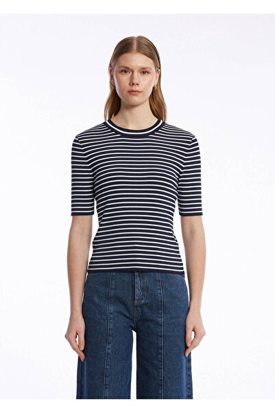 Knitss Lacivert Beyaz Çizgili Triko Üst