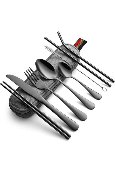 COOYA Portable Utensils, Travel Camping Cutlery Set, 9-Piece with Portable Case, Stainless Steel(Black)