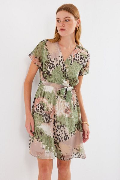 MRA Fashion 2502 Short Sleeve Print Chiffon Dress - Çağla