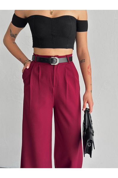 Winmoda34 Women's Belt Detail Wide Leg Wide Cut Baggy Fabric Pants
