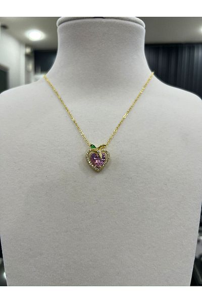Store Gold Plated Pink Heart Necklace with Steel Chain