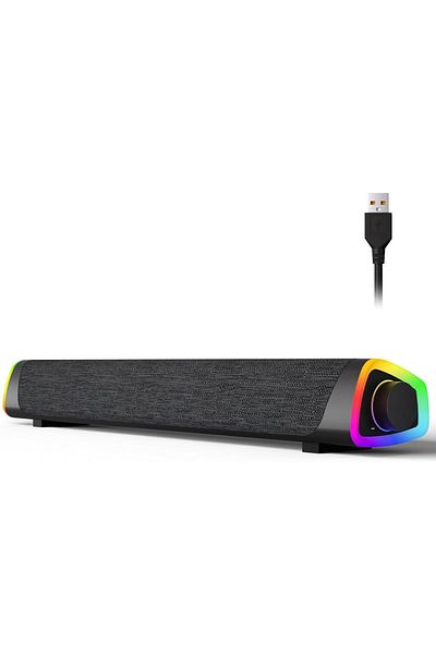 COOYA Black Computer Speakers, Wired USB, 6 Modes LED RGB Lights, Portable, for PC Desktop Monitor