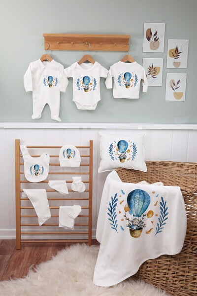 bebeqon 11 Parça Sevimli Balon Baskılı Yenidoğan Hastane Çıkışı Seti %100 Pamuk