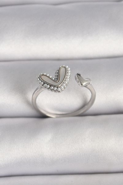 Skygo Brass Silver Color White Enamel Pearl Detail Heart Model Adjustable Ring - Tj-Byk3536