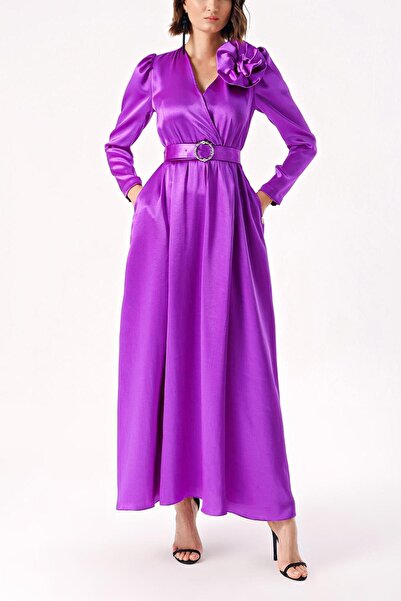 SOCIETA Mor Gül aksesuar detaylı anvelop uzun elbise 94219