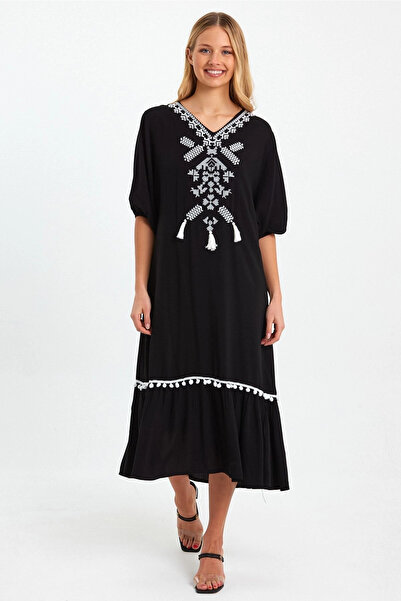 Cotton Mood Vp8165 Embroidery Detailed Tasseled Balloon Sleeve Dress Black