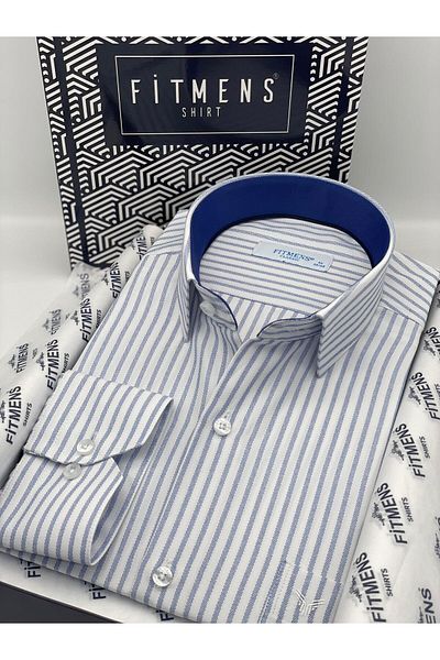 Fitmens Classic Long Sleeve Striped Gift Boxed Men's Shirt Fs- 003864   - White Saks Blue