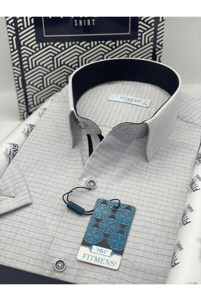 Fitmens Klasik Kısa Kol Keten Cotton Kareli Pamuk Hediye Kutulu Erkek Gömlek FS-003009 - Gri