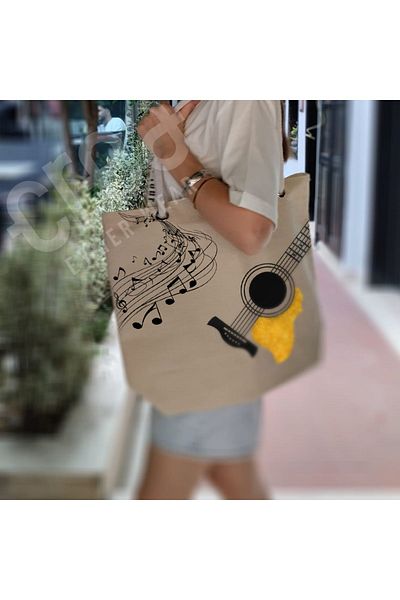 Crea Eymer Wear Βαμβακερή γυναικεία τσάντα παραλίας - μοτίβο κιθάρας με χρυσό γκλίτερ