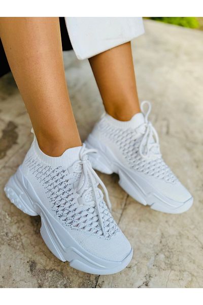 İnan Ayakkabı White Color Knitwear Stone Women's Sneakers Heel Height (5 cm) Orthopedic This Shoe for Display
