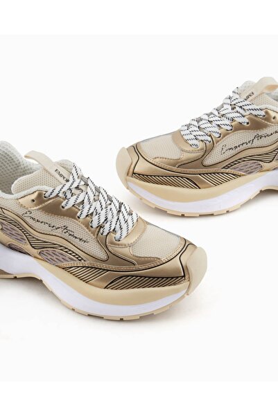 Emporio Armani Kadın Kalın Taban Şerit Çizgi Desenli Renkli Bağcık Gold Sneaker X3X238 XR388-00194