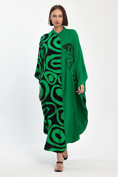 Denismoda Vp1033 Hakim Collar Print, Embroidery Dty Plus Size Shirt Dress Green