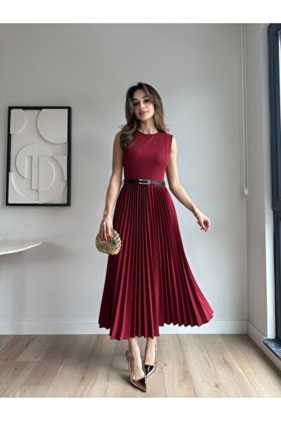 LuVinGen Kadın Şık Pliseli Midi Elbise - Kemerli, Yuvarlak Yaka, Astarlı -