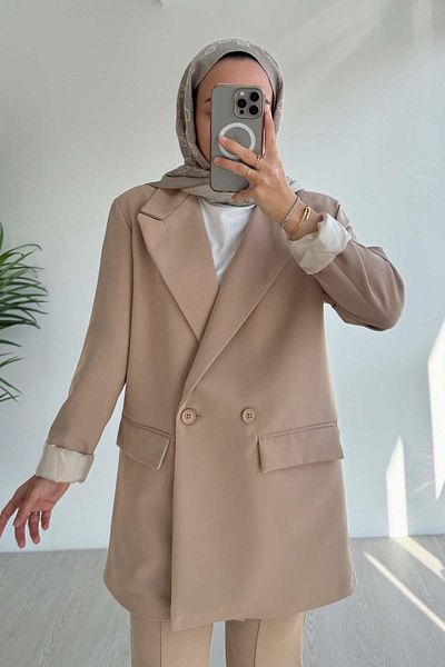 Ka Hijab Μπεζ μονάδα με επένδυση Blazer Jacket - Διπλό Κουμπί