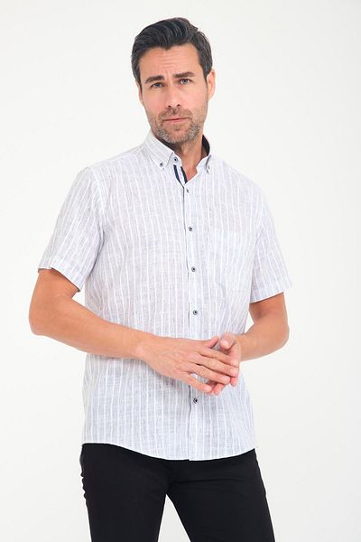 Fitmens White L Short Sleeve Striped Flam Linen Men's Shirt - Buttoned Collar, Gift Boxed Fs- 000678