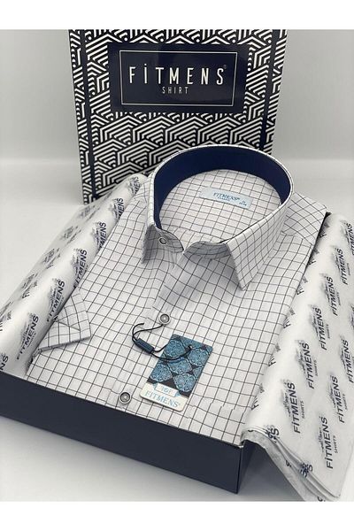 Fitmens Classic Short Sleeve Checkered Men's Shirt with Gift Box Fs- 003623   - White Navy Blue