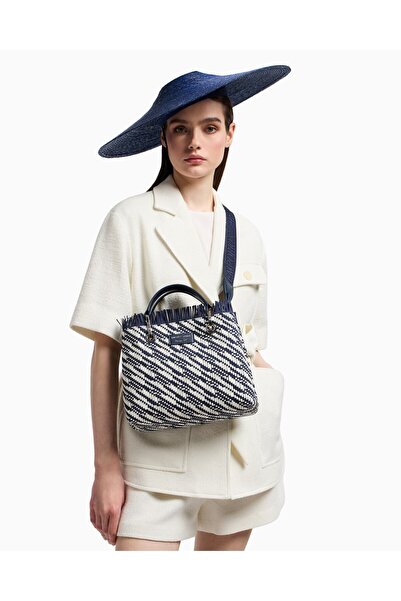 Emporio Armani Women's Upper Tassel Detailed Stripe Patterned Navy Blue Shoul...