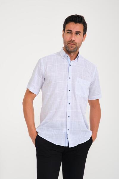 Fitmens Classic Short Sleeve Big Square Flam Linen Button-Down Collar Gift Bo...