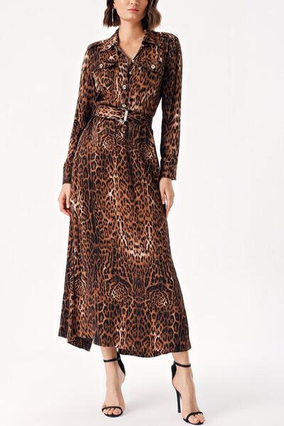 SOCIETA Leopar Aksesuar ve kemer detaylı uzun elbise 94233
