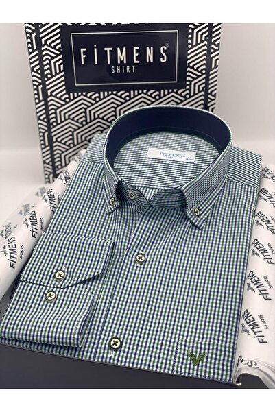 Fitmens Klasik Uzun Kol Yaka Düğmeli Pöti Kareli Hediye Kutulu Erkek Gömlek FS-003774 - Yeşil
