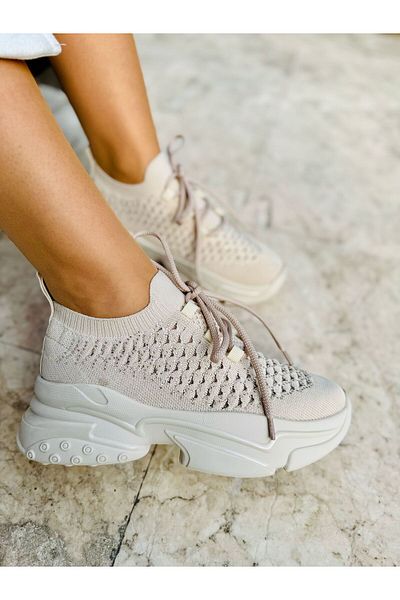 İnan Ayakkabı Women's Beige Color Knitwear Stone New Season Orthopedic Daily Sports Shoes (5 cm) Sole Length