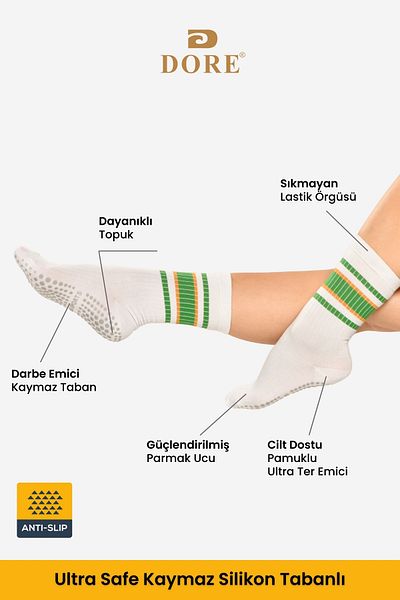 Dore Green White Anti-Slip Sole Socks for Pilates and Yoga - Pack of 1