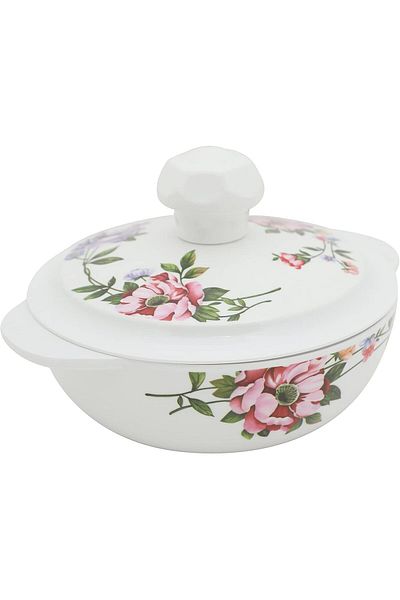 Abir Melamine Deep Round Bowl With Handles & lid 15 CM / 5.91 INCH White Floral Design For Food Kitc