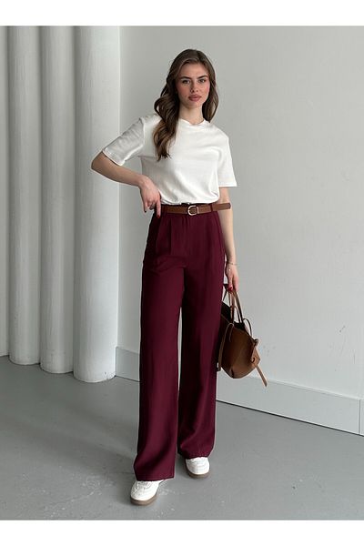 Laluvia Burgundy Double Pleated Belted Trousers - 3780