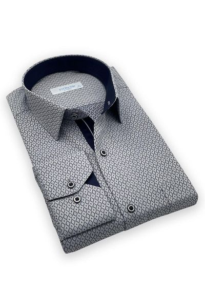 Fitmens Classic Long Sleeve Diamond Pattern Jacquard Men's Shirt with Gift Box Fs- 001366   - Navy Blue
