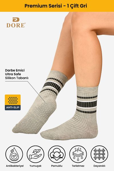 Dore 1 Pair Anti-Slip Plates Socks for Pilates and Yoga - Gray with Anti-Slip Soles