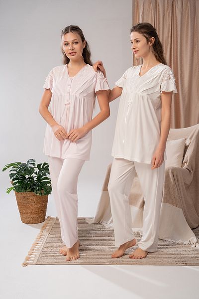 LOHOUSE Women's Pink Lace Polka Dot Maternity 3-Piece Pajama Set