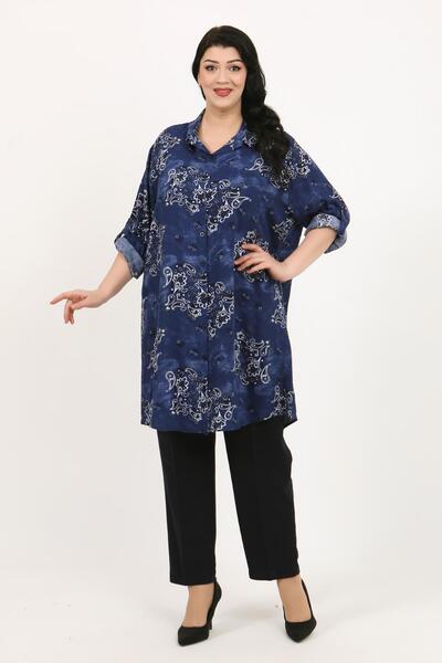 By Alba Collection Women's Navy Blue Patterned Cotton Viscose Large Size Tunic