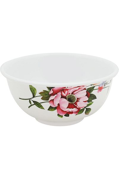 Abir Melamine Deep Round Bowl 14 CM / 5.51 INCH White Floral Design For Food Kitchen Use Outdoor & R