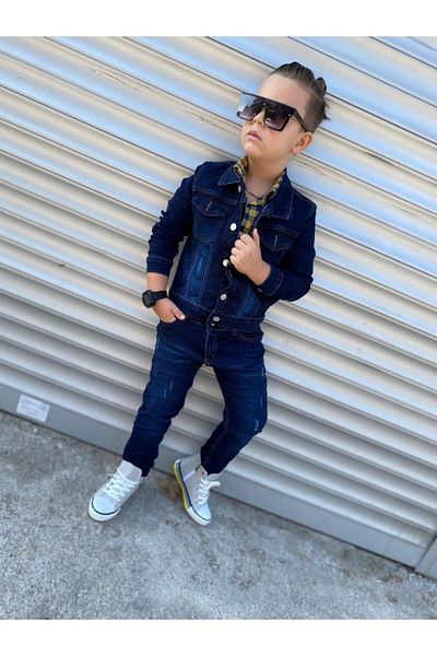 Burçak Butik Jeans Jacket / Denim Pants / Long Sleeve Plaid Shirt 3-Piece Set