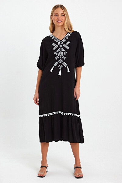 Cotton Mood Vp8165 Embroidery Detailed Tasseled Balloon Sleeve Dress Black