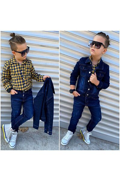 Burçak Butik Jeans Jacket / Denim Pants / Long Sleeve Plaid Shirt 3-Piece Set
