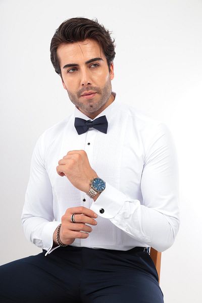 Fitmens Soft Satin Tuxedos Groomsuit Men's Shirt - Long Sleeve, Slim Fit, White Navy Fs- 001947