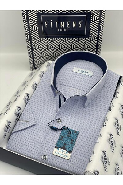 Fitmens Klasik Kısa Kol Keten Cotton Kareli Pamuk Hediye Kutulu Erkek Gömlek FS-003009 - Mavi