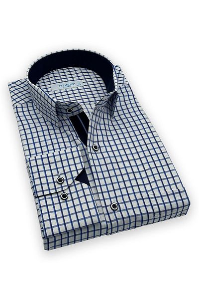 Fitmens Classic Long Sleeve Color Checkered Men's Shirt with Gift Box Fs- 002154   - White Navy Blue